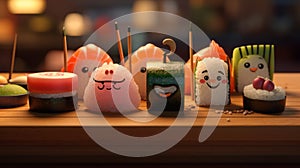 Quirky Pixar Style Sushi Collection With Luminous Sfumato And Charming Realism photo