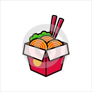 Cartoon illustration of takeaway noodles with paper box packaging