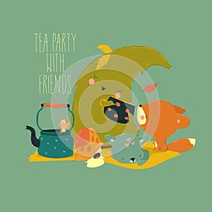 Cartoon Illustration Tea Party with Cute Animals Friends