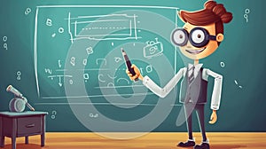 Cartoon illustration of a teacher at the blackboard. Education concept.