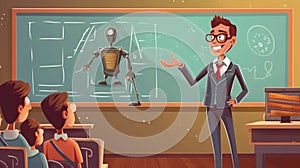 Cartoon illustration of teacher in the classroom with students and robot.