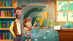 Cartoon illustration of a teacher and schoolboy at geography lesson. Boy points at map and bearded man smiles in