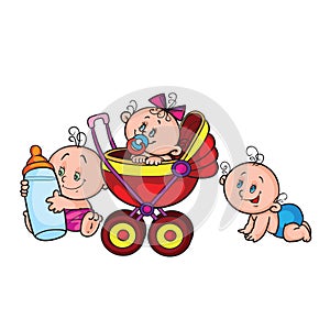 cartoon illustration, three babies, one is crawling, the second is with a large bottle of milk, the third is sitting in a stroller