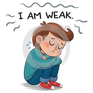 Cartoon Illustration of Tired Boy with Slouched Posture and I Am Weak Text Sad Expression and Wavy Lines on White Background