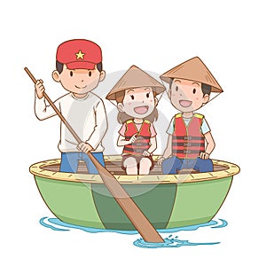 Cartoon illustration of tourists riding basket boat.