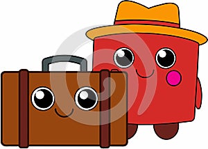 Cartoon illustration of a travel suitcases with a hat and sunglasses