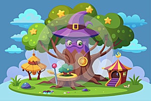 Cartoon illustration of a tree wearing a purple hat, Magic tree Customizable Cartoon Illustration