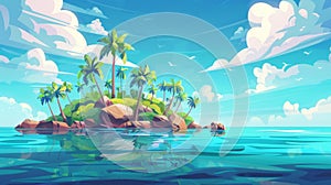 Cartoon illustration of tropical island in ocean nature landscape with calm sea under blue sky, rocks and water surface