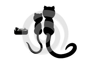 Cartoon illustration of a two cats sitting with the food bowl. Fish bone is in the bowl. It`s a black silhouette