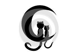 Cartoon illustration of a two cats sitting on a moon. It`s a black silhouette