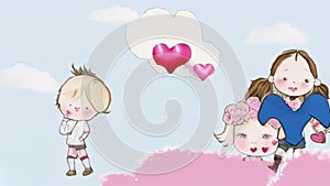 Cartoon illustration of two girls, a boy, red Hearts and a couple appearing covered behind a heart. Heart as a symbol of affection