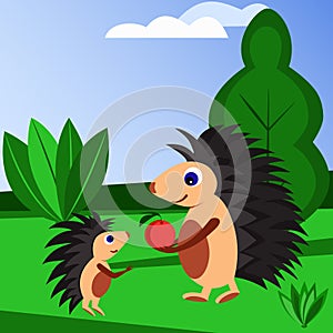 Cartoon illustration of two hedgehogs in a clearing with bushes and trees. An adult hedgehog gives the little hedgehog an apple