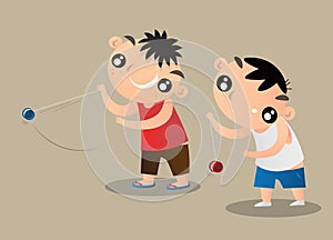 Cartoon illustration of two Hong Kong kids playing with yoyo