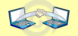 Cartoon illustration of two laptops with two arms that shake hands with each other