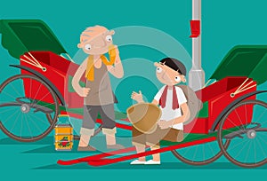 Cartoon illustration of two rickshaw coolies taking a rest.