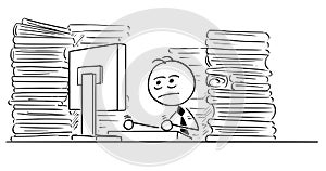 Cartoon Illustration of Unhappy Tired Clerk, Businessman Office