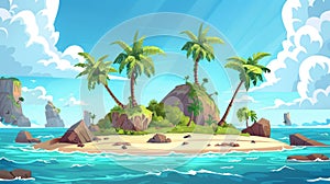 Cartoon illustration of an uninhabited island in an ocean surrounded by sea water with palm trees and rocks. Tropical