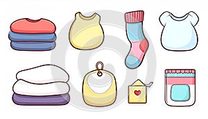 Cartoon illustration of various baby clothes and accessories