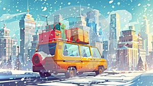 Cartoon illustration of vehicle driving on asphalt road with luggage and bags on roof and falling snow in winter