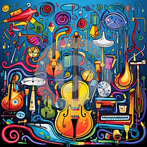 Cartoon illustration of a vibrant medical instrument orchestra