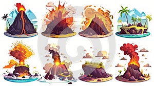 Cartoon illustration of volcano erupting. Images of lava exploding on an island. Boulder element collection for