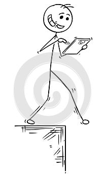 Cartoon Illustration of Walking Man with Handsfree and Tablet Fa