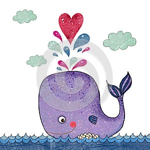 Cartoon illustration with whale and red heart. Marine illustration with funny whale. Holiday card.Love illustration.