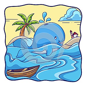 Cartoon illustration Whale swims in the sea