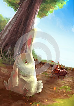 Cartoon illustration of white rabbit rubbing her ears in pain wi