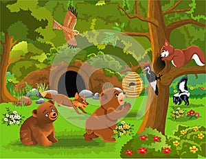 Cartoon illustration of wild animals living in the forest