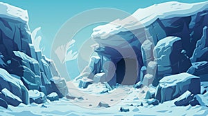 Cartoon illustration of winter landscape with rock, snow and deep stone cavern with mountain with entrance to a cave or