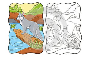 cartoon illustration the wolf is standing coolly on a fallen tree trunk by the river looking photo