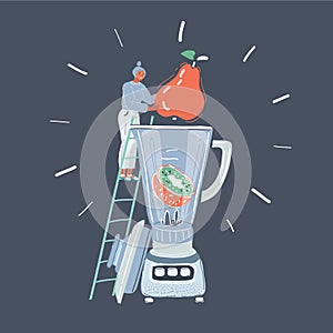 Cartoon illustration of woman using a blender in her kitchen on dark background.