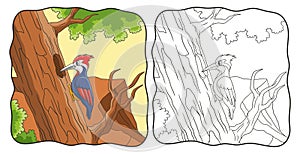 Cartoon illustration woodpecker pecks a big tree trunk book