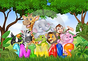 Cartoon illustration of Word animal with cartoon wild animal