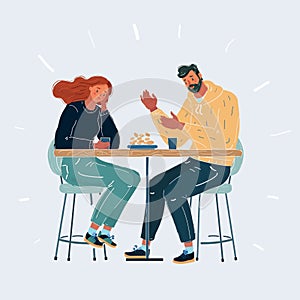 Cartoon illustration of Worried couple. Friendly support concept. Man and woman sit in cafe at table on white background