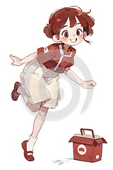 A cartoon illustration of a young delivery woman carrying packages for delivery