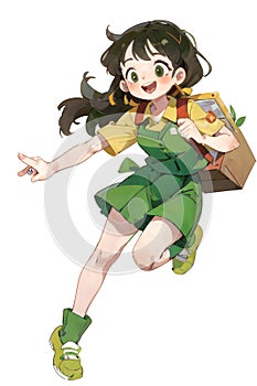 A cartoon illustration of a young delivery woman carrying packages for delivery in a bag