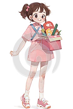 A cartoon illustration of a young delivery woman carrying packages for delivery in a bag