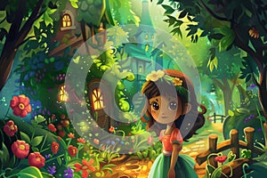 Cartoon illustration of a young girl in a magical garden with a whimsical cottage, her expression filled with wonder