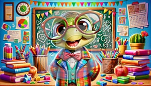 Cartoon Illustration of a young turtle with big rimmed glasses and a bright coat and tie