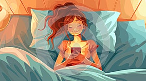 Cartoon illustration of a young woman lying in bed with a phone in hand. Girl chatting with friends on social networks