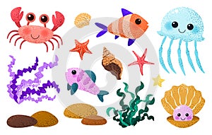 Underwater set with animals in cartoon flat style.