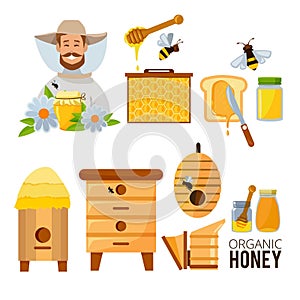 Cartoon illustrations set of beekeeper, beehive and bees