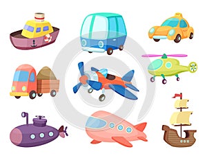 Cartoon illustrations of various transportation. Airplanes, ship, cars and others. Vector pictures of toys for kids