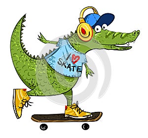 Cartoon image of amazing skateboarding alligator
