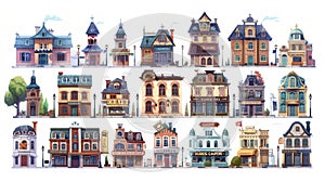 The cartoon image below shows a set of city buildings isolated on a white background. Modern illustration of apartment