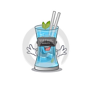 A cartoon image of blue hawai cocktail using modern Virtual Reality headset