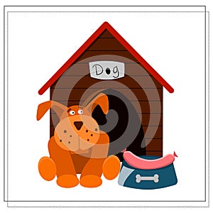 cartoon image of a dog. a brown dog sits near the booth, next to a bowl of sausage. vector