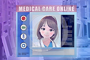 Cartoon image of female doctor make medical care consultation online